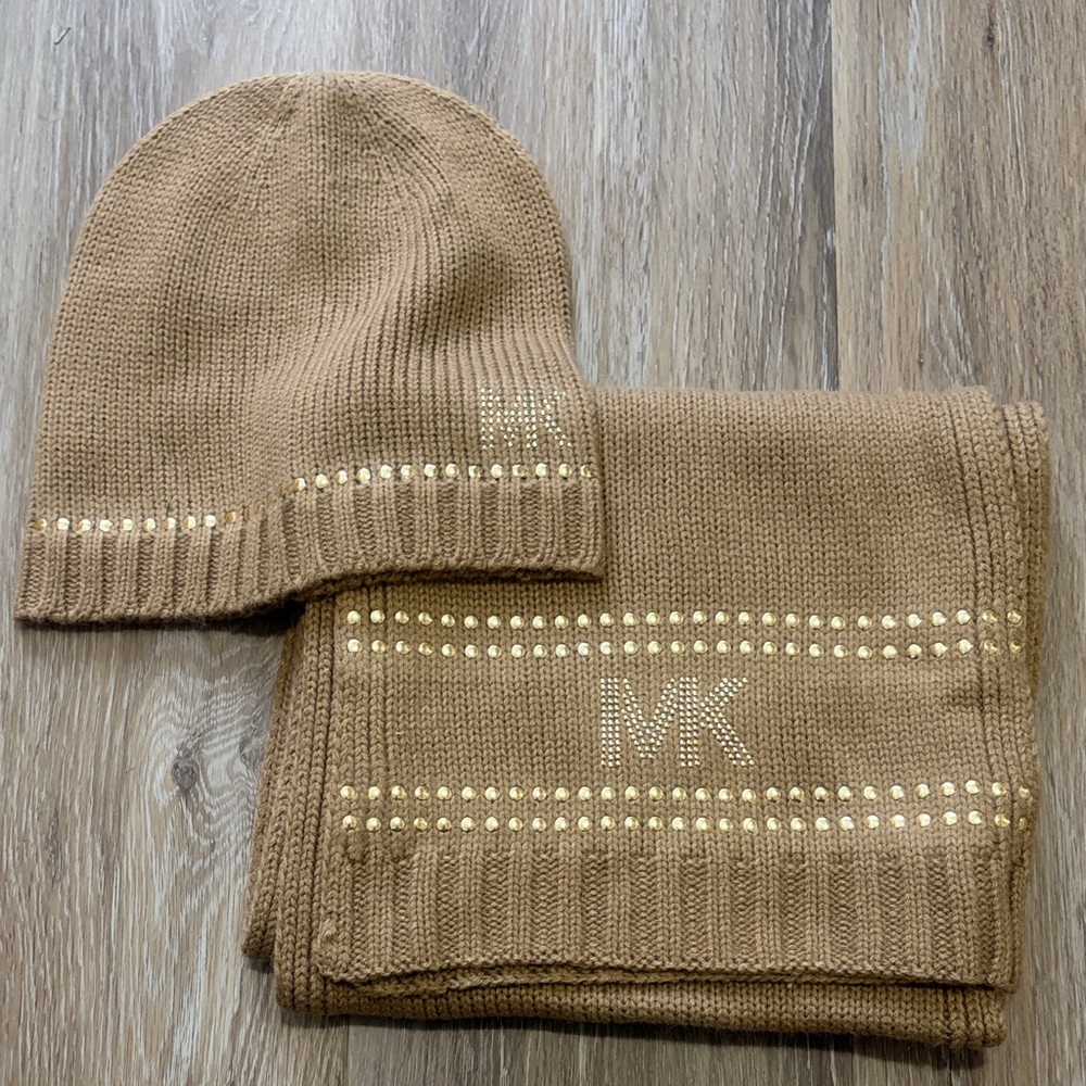 Michael Kors Gold-Accented Tan Hat and Scarf Set